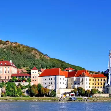 Duernstein town and river Danube in Austria